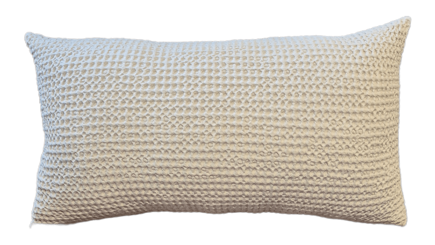 A rectangular New Bliss Feather Cushion featuring a stone finish and a waffle-weave texture